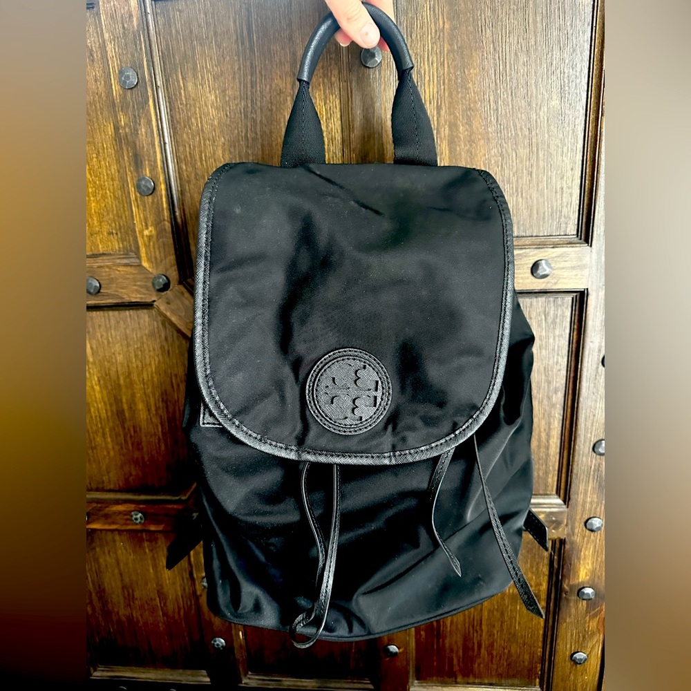 Tory Burch Black Nylon Backpack with flap and front zipper